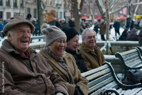 Group of senior people sitting on a bench in the center of Amsterdam.