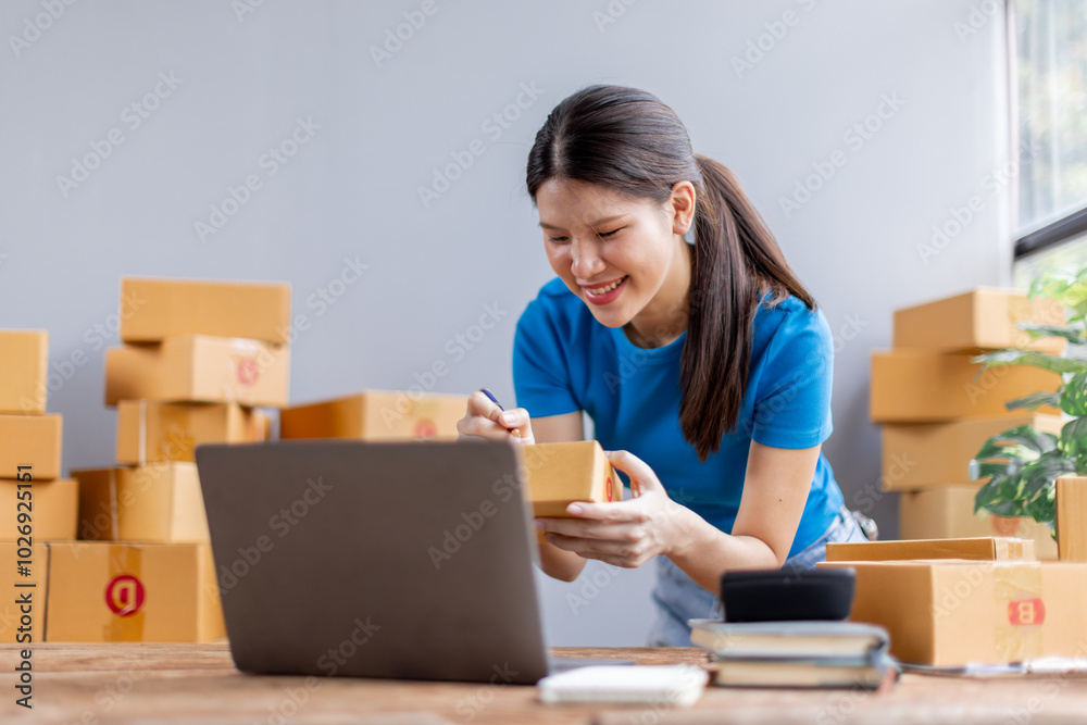 Asian young female sme business owner with product package box at warehouse, merchant seller checking customer address order confirming parcel delivery.
Asian young female sme business owner with product package box at warehouse, merchant seller checking customer address order confirming parcel delivery.