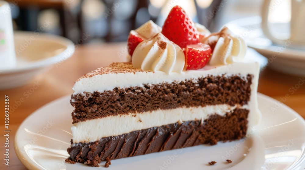 A Slice of Chocolate Cake Topped with Whipped Cream and Strawberries
