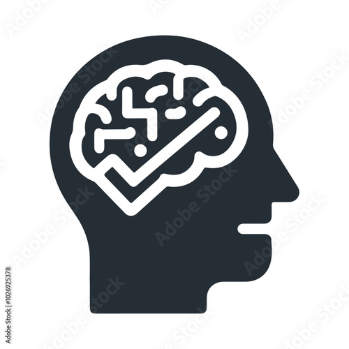 Black silhouette brain with checkmark vector icon design isolated on white