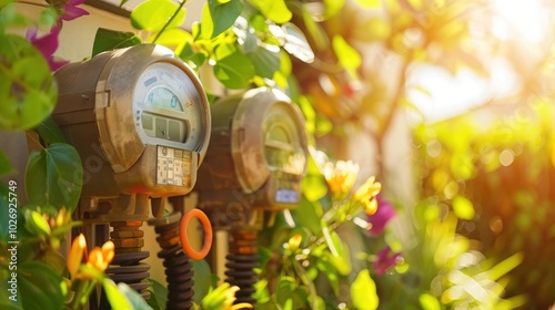 Water Meter and Flowers in Sunlit Garden