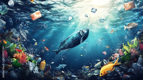 A vivid underwater scene depicting fish navigating through water filled with debris, highlighting ocean pollution issues. photo