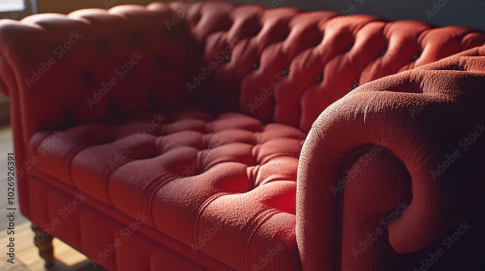 Obraz premium A detailed red vintage sofa with dotted buttons in a chester design, highlighting its timeless, classic texture for interior design concepts.