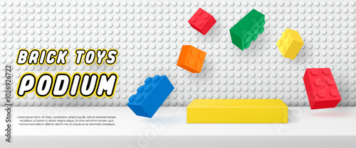 3D Vector toy display geometric stand podium banner template with Building block brick toy for kid product store, online shop, baby poster, sale discount promotion, social media, stage, post, ads