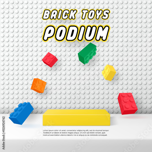 3D Vector toy display geometric stand podium banner template with Building block brick toy for kid product store, online shop, baby poster, sale discount promotion, social media, stage, post, ads