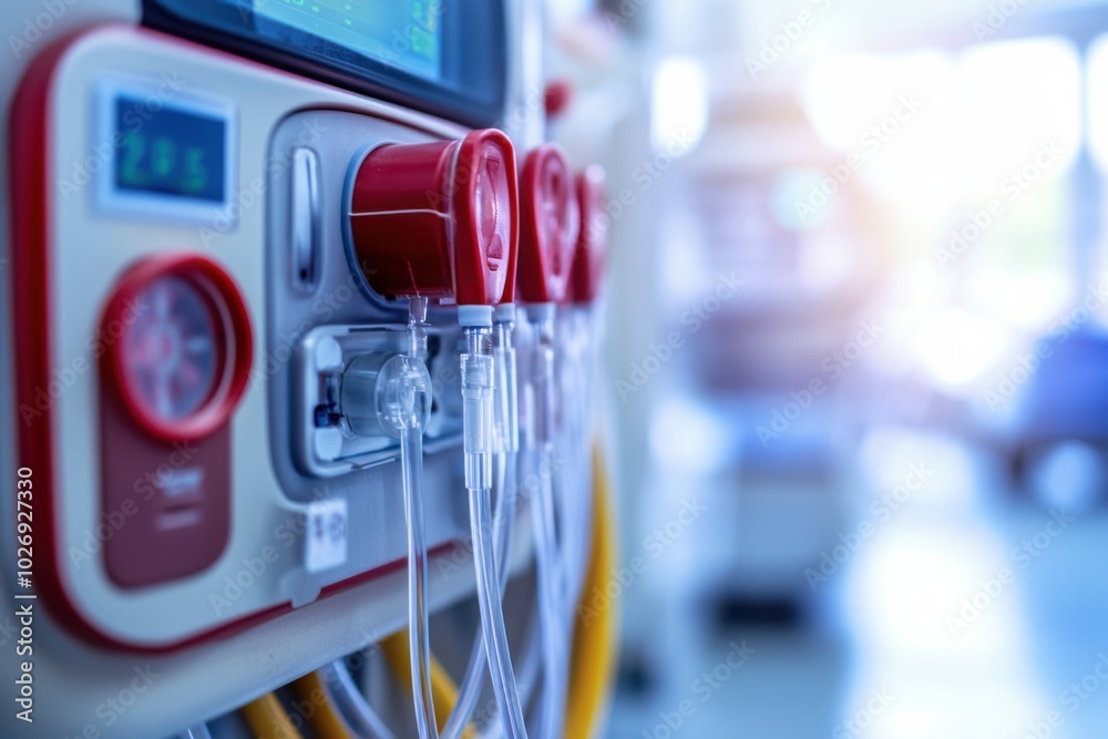 Dialysis machine with clear tubes connecting to patient arm Dialysis machine with clear tubes connecting to patient arm