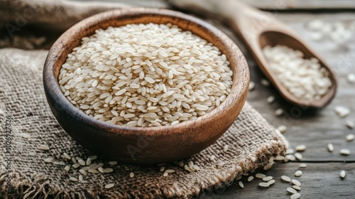 A heap of rice seeds in a textured, patterned arrangement on a table, captured from a top view, ideal for food-related design or backgrounds