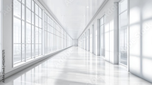 A modern, futuristic corridor with soft lighting, windows on the wall, and a clean minimalist aesthetic, perfect for station or futuristic design concepts