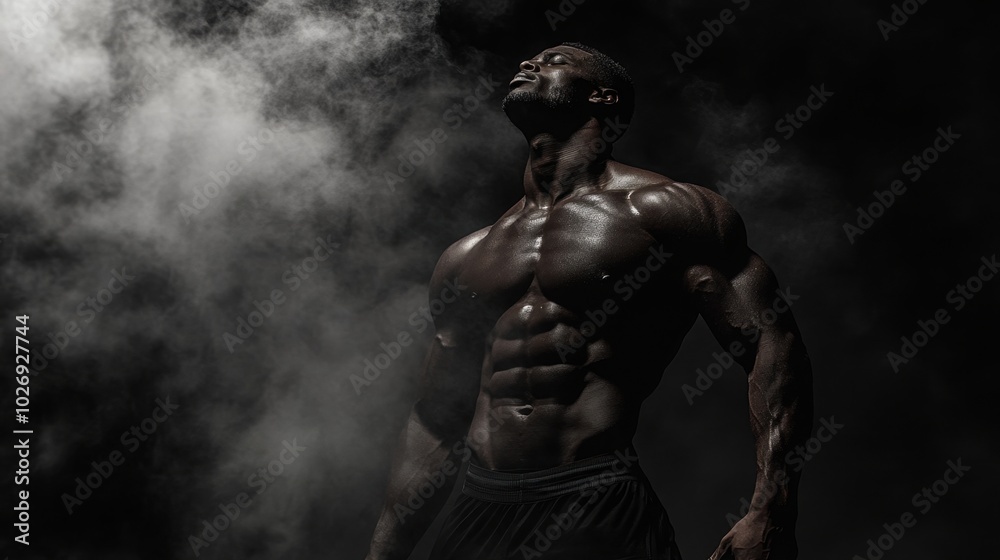 A muscular man standing in the shadows, his abs glowing under the light, with smoke creating a dramatic scene for a sports website banner. A muscular man standing in the shadows, his abs glowing under the light, with smoke creating a dramatic scene for a sports website banner.
