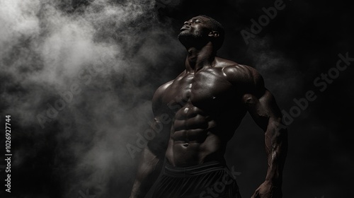 A muscular man standing in the shadows, his abs glowing under the light, with smoke creating a dramatic scene for a sports website banner.