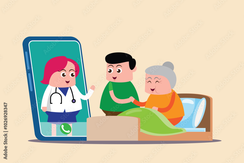 emotion cute vector, illustration flat cartoom character man , nurse and doctor show explain media on line how take care good for healthy.