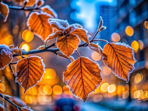 Frosted Orange Beech Leaves in Urban Exploration Photography for Fall and Winter Landscapes photo