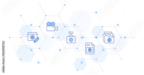 Video Banner Vector Illustration with Icon Style in Between. Line Duotone icon. Containing video files, video file, video recorder, videocamera, video editing