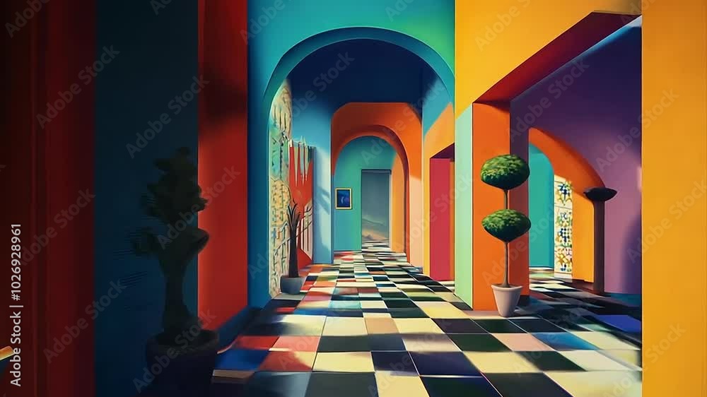Pushing through beautiful surreal abstract colorful house with checkered floor.