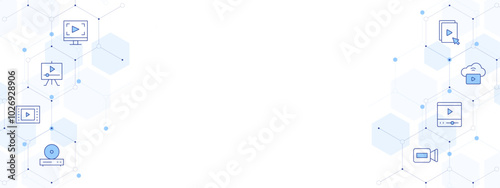 Video Banner Vector Illustration with Two-sided Icon Style. Line Duotone icon. Containing video camera, video player, video file, vod, video editor, video console, video lesson