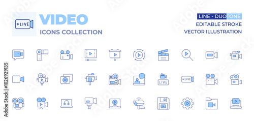 Video icons collection. Line Duotone style, editable stroke. video camera, video chat, video clip, video call, clapper, laptop, live, processing, video, camera, presentation