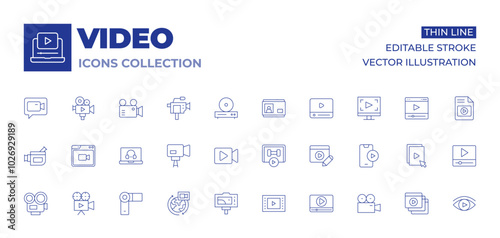 Video icons collection. Thin Line icons, editable stroke. video editing, video player, video recording, video tutorial, videocamera, video call, video camera