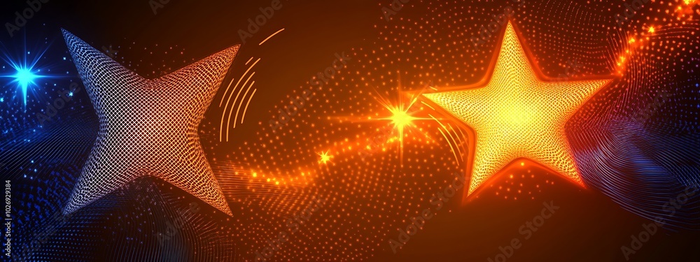 Two glowing stars with a sparkling trail between them on a dark background. Two glowing stars with a sparkling trail between them on a dark background.