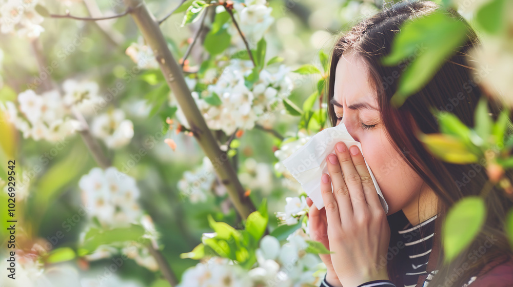 A person sneezing into a tissue, surrounded by blooming flowers and green leaves, symbolizing allergy season. The background is softly blurred to focus on the sneezing person, with copy space for text