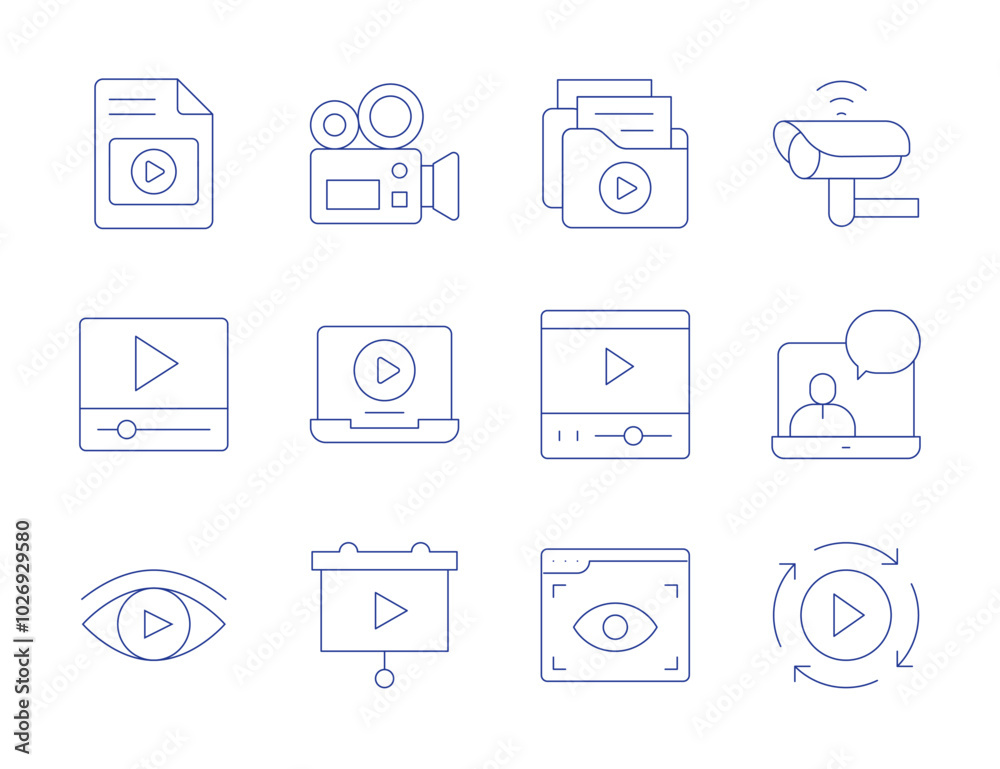 Video icons. Thin Line style, editable stroke. video file, video files, video player, view, camera, cctv camera, laptop, presentation, processing Video icons. Thin Line style, editable stroke. video file, video files, video player, view, camera, cctv camera, laptop, presentation, processing