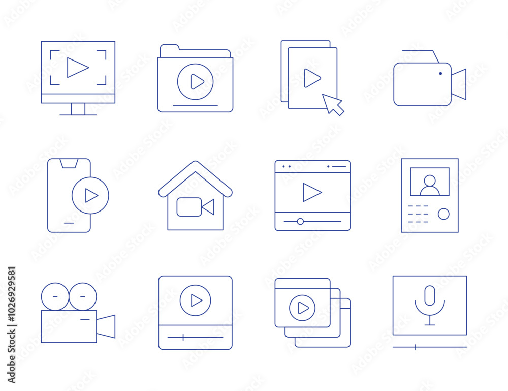 Video icons. Thin Line style, editable stroke. video file, video player, videos, video editor, videocamera, camera, home, intercom, play, podcast, video folder Video icons. Thin Line style, editable stroke. video file, video player, videos, video editor, videocamera, camera, home, intercom, play, podcast, video folder