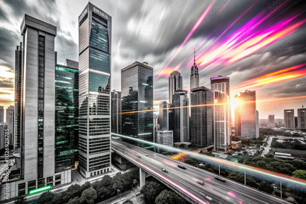 Obraz premium Futuristic City Skyline at Sunset with Neon Lights and Vibrant Colors