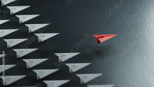 Different business concept.new ideas. paper art style. creative idea.red leader plane, standing out from the crowd of white planes.3D rendering on black background.
 photo