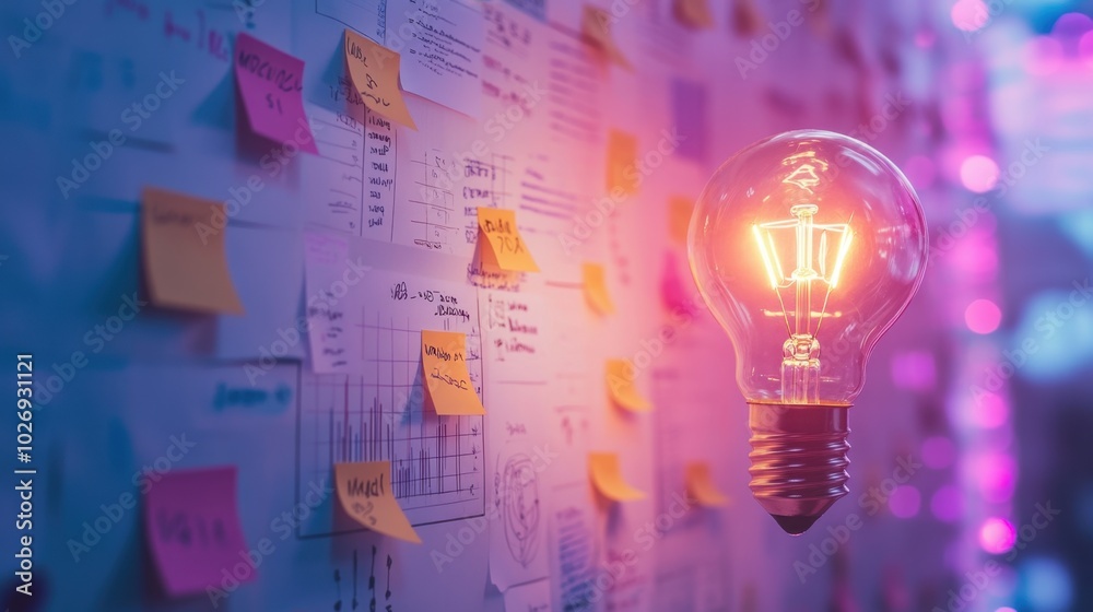 A wall filled with sticky notes, charts, and statistics, with a glowing light bulb in the foreground, capturing the atmosphere of brainstorming and analysis. A wall filled with sticky notes, charts, and statistics, with a glowing light bulb in the foreground, capturing the atmosphere of brainstorming and analysis.