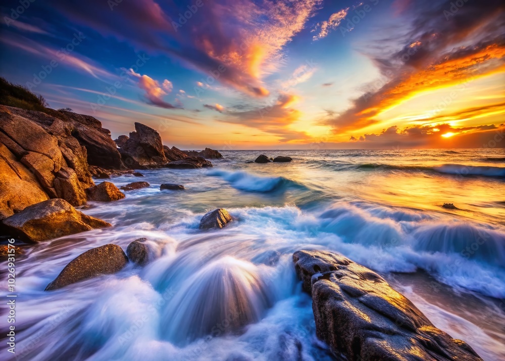 Fototapeta premium Gentle waves softly crash against a rugged coastline at sunset, creating a serene long exposure that captures the tranquil beauty of nature's