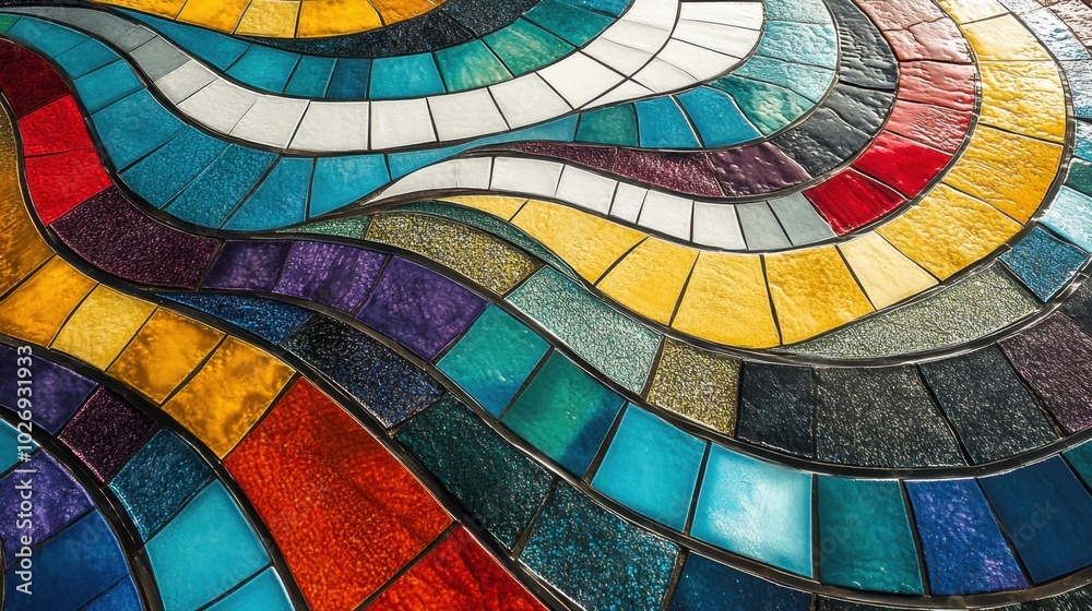 An abstract wavy surface of square tiles, designed in a geometric cubism style with vibrant colors and rippled patterns. An abstract wavy surface of square tiles, designed in a geometric cubism style with vibrant colors and rippled patterns.