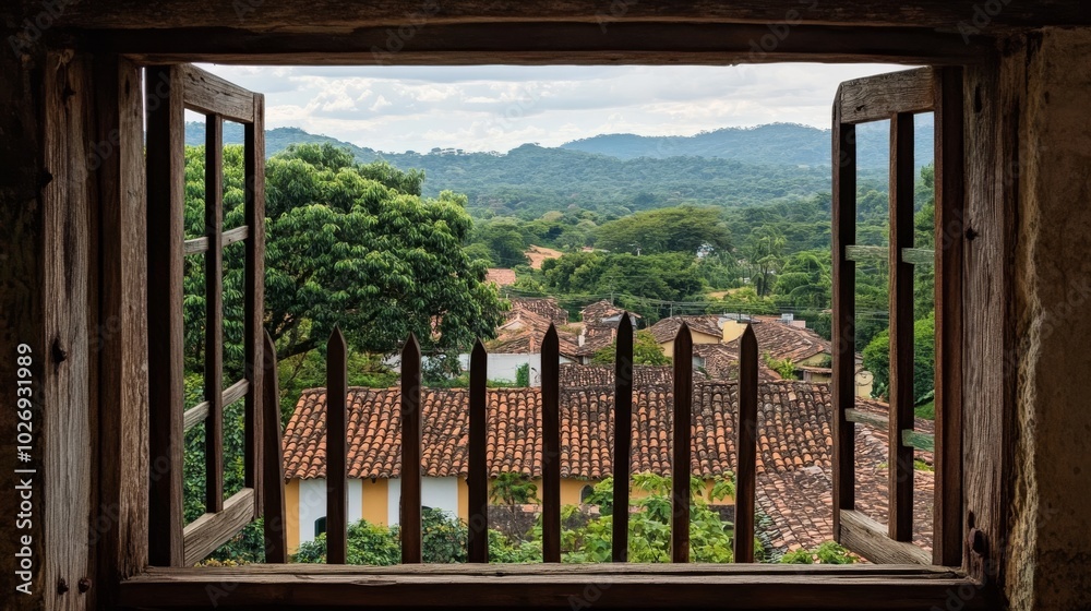 Fototapeta premium Wooden bars in church window, Tiradentes, Brazil