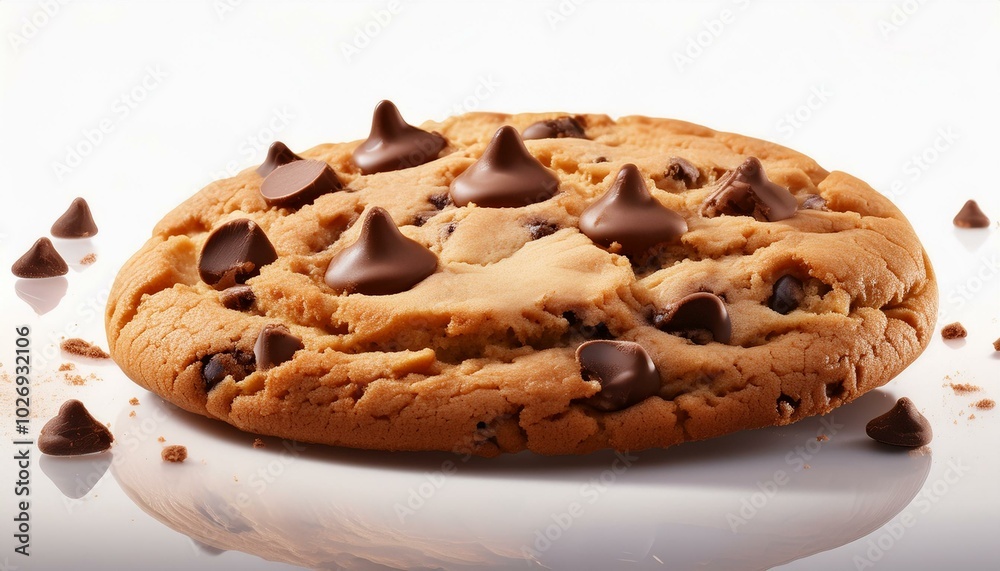Freshly baked golden-brown chocolate chip cookie with melting chips, placed on a creamy white background, emphasizing warmth. Freshly baked golden-brown chocolate chip cookie with melting chips, placed on a creamy white background, emphasizing warmth.