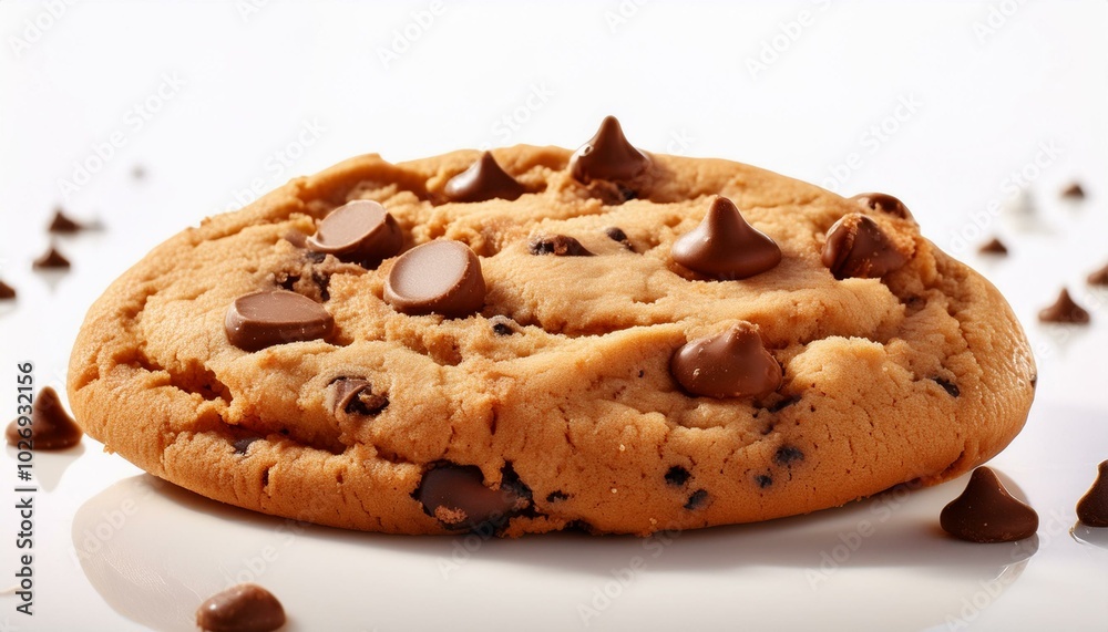 Freshly baked golden-brown chocolate chip cookie with melting chips, placed on a creamy white background, emphasizing warmth. Freshly baked golden-brown chocolate chip cookie with melting chips, placed on a creamy white background, emphasizing warmth.