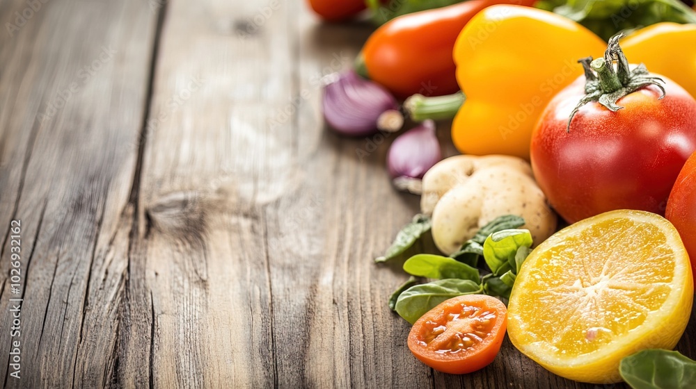 Close-up of vibrant fresh vegetables and fruits on wooden table, symbolizing healthy blood pressure foods, emphasizing natural nutrition and wellness.
