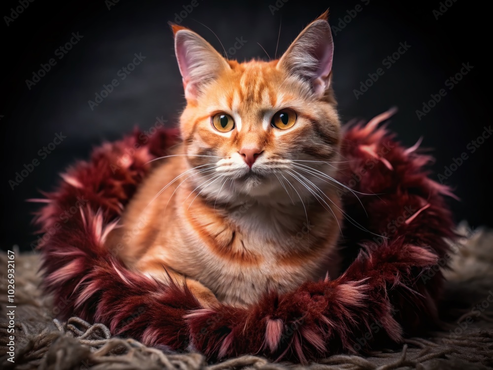 Fototapeta premium Ginger Cat in Orange Boa - Stylish Pet Portraits for Cat Lovers