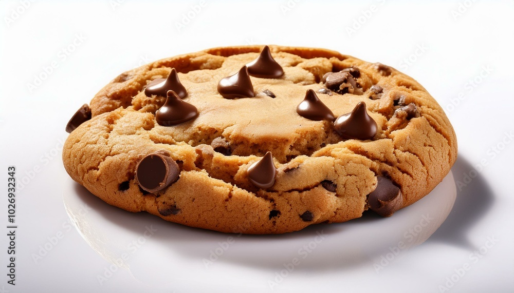 Freshly baked golden-brown chocolate chip cookie with melting chips, placed on a creamy white background, emphasizing warmth. Freshly baked golden-brown chocolate chip cookie with melting chips, placed on a creamy white background, emphasizing warmth.