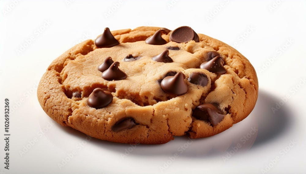 Freshly baked golden-brown chocolate chip cookie with melting chips, placed on a creamy white background, emphasizing warmth. Freshly baked golden-brown chocolate chip cookie with melting chips, placed on a creamy white background, emphasizing warmth.