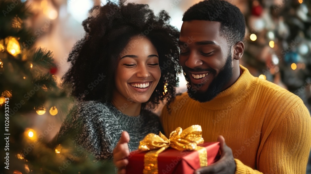 Image of joyful pair unwrapping Christmas gift