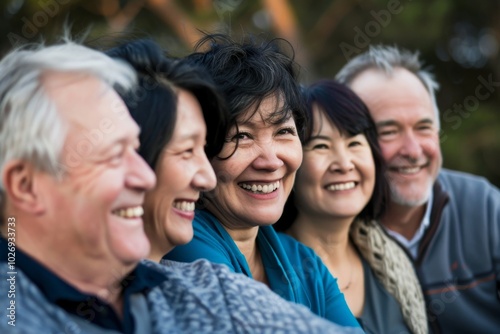 Group of happy senior friends standing in the park. They are smiling and looking at camera.