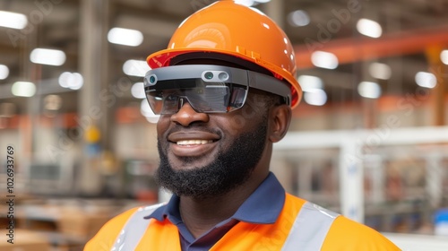 A Smiling Construction Worker Wearing Safety Gear and Smart Glasses