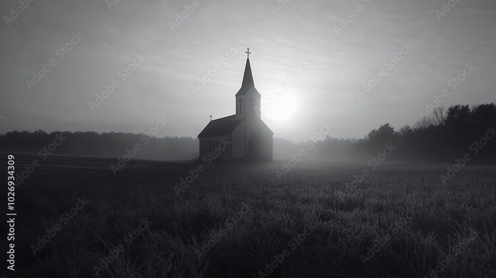 Obraz premium Sunrise over field church, vertical, greyscale.