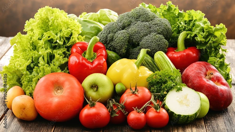 Close-up of vibrant fresh vegetables and fruits on wooden table, symbolizing healthy blood pressure foods, emphasizing natural nutrition and wellness. Close-up of vibrant fresh vegetables and fruits on wooden table, symbolizing healthy blood pressure foods, emphasizing natural nutrition and wellness.