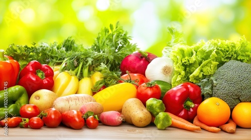 Close-up of vibrant fresh vegetables and fruits on wooden table, symbolizing healthy blood pressure foods, emphasizing natural nutrition and wellness.