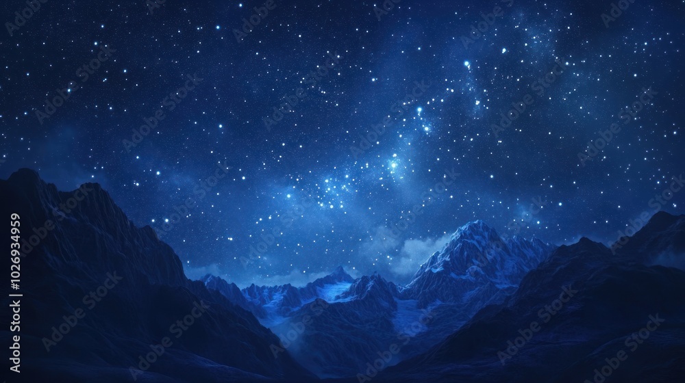 A mountain range with a blue sky and stars. The stars are scattered throughout the sky. The mountains are in the background and the sky is blue A mountain range with a blue sky and stars. The stars are scattered throughout the sky. The mountains are in the background and the sky is blue