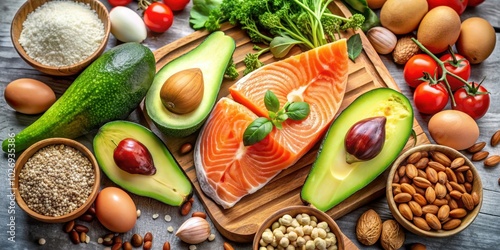 Fresh and organic ingredients for a healthy Keto diet, including salmon, avocado, eggs, nuts, seeds, and vegetables, Keto diet