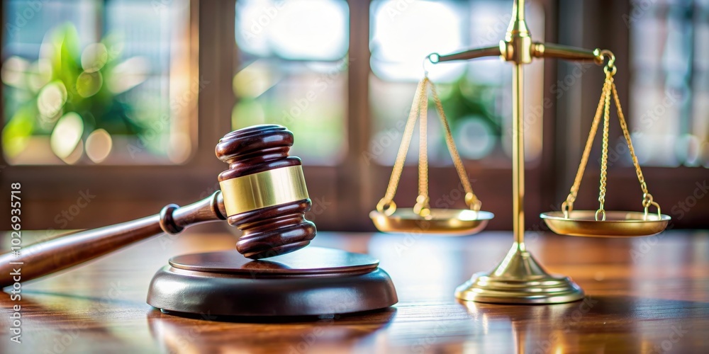Close-up of judge's gavel and sound block on desk with scales of justice in background , law, justice, authority