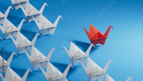 Different business concept.new ideas. paper art style. creative idea.red leader swan, standing out from the crowd of white swans.3D rendering on blue background.
 photo