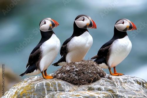 A colony of puffins nesting on a rocky cliffside, their colorful beaks standing out against the rugged, gray rocks as the sea crashes below them