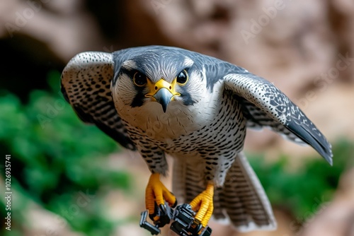 A falcon equipped with high-tech sensors, scanning a futuristic landscape for prey, its wings and talons enhanced with robotic elements, blending nature and technology in the future of hunting photo