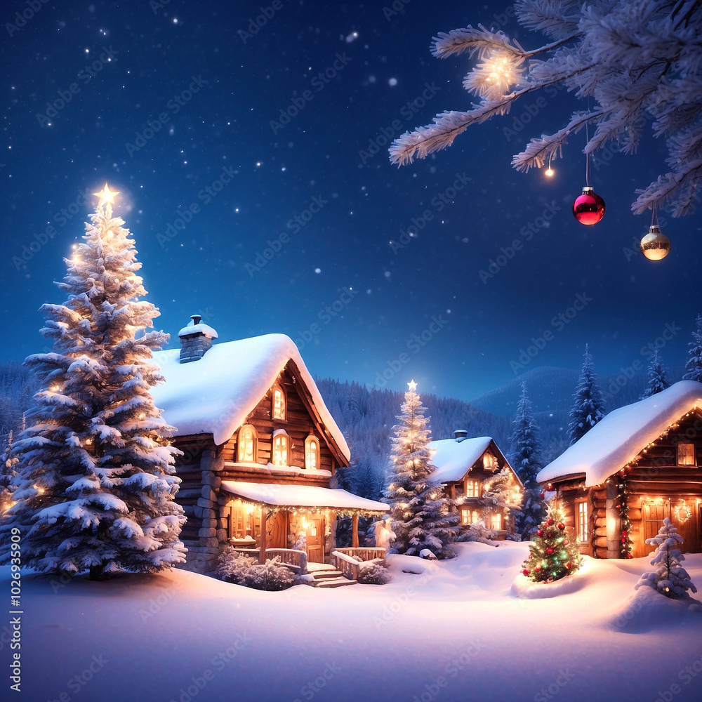 Fototapeta premium Cozy Snowy Christmas Winter Megical Village with Christmas Tree